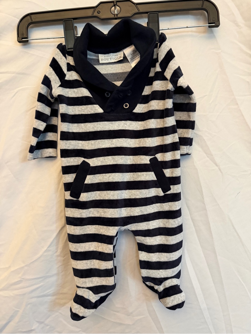 100% Cotton Velour Footed Infants Onesie Navy & Gray Striped By Koala Baby